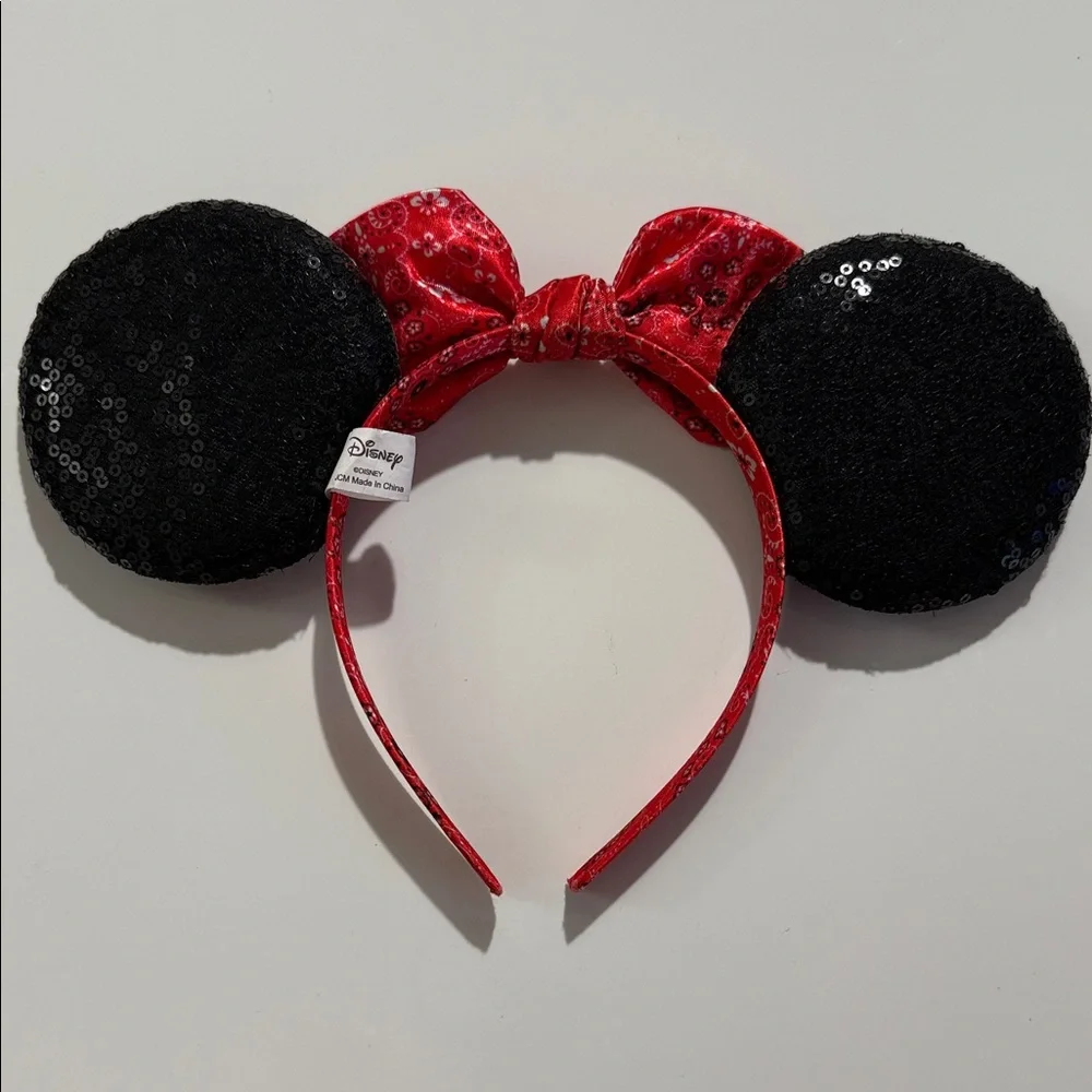 Disney Black Sequin Minnie Ears Headband with Red Bandana Bow